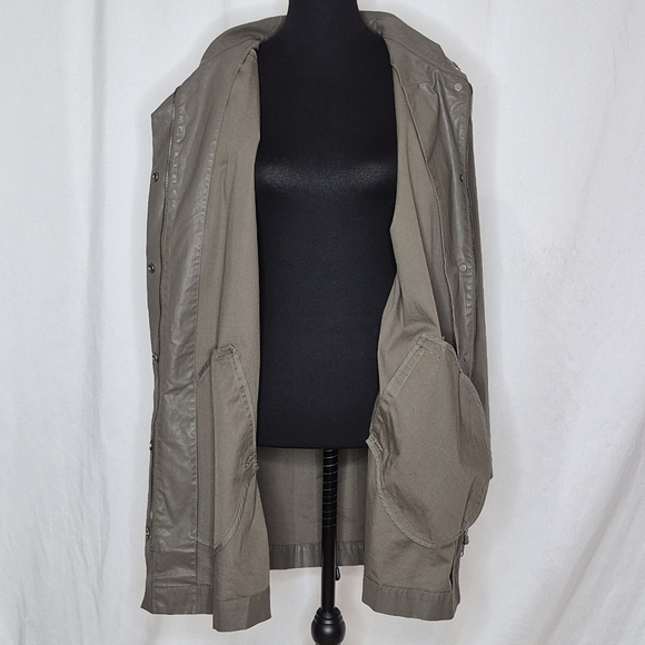 Eileen Fisher Olive Green Waxed Cotton Twill A-Line Jacket Hoodless - Size M - Picture 14 of 16